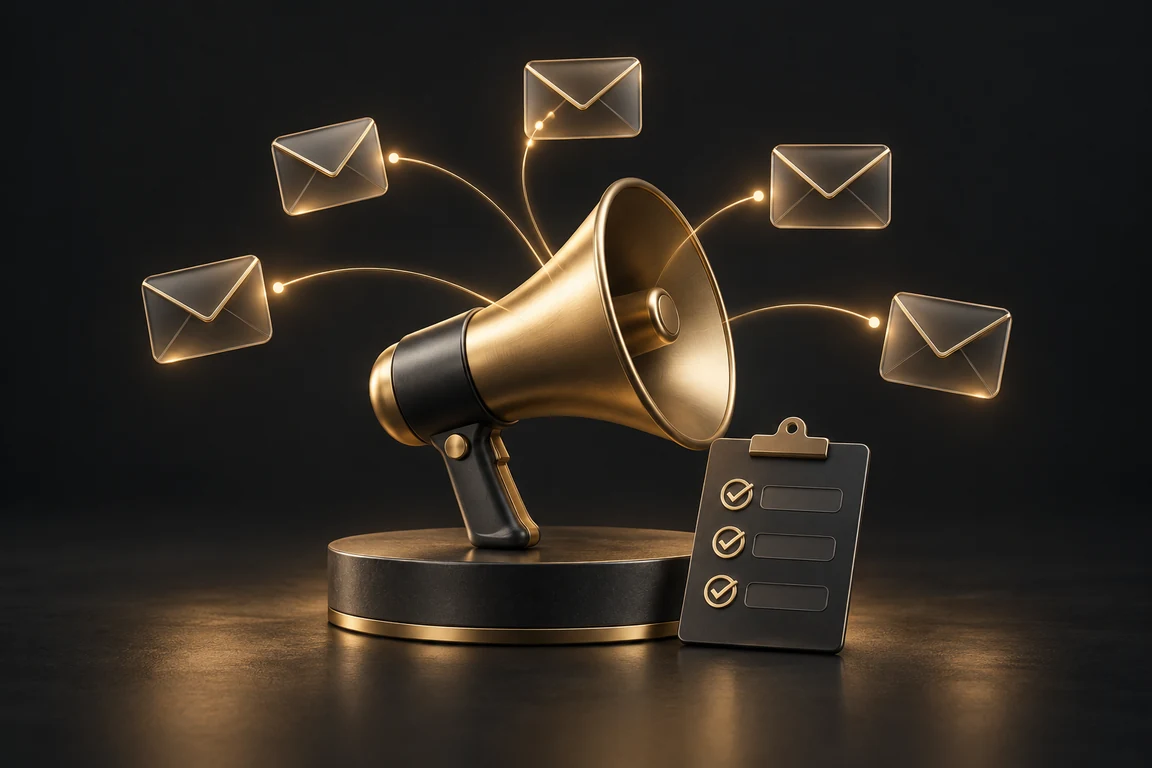 A gold megaphone connecting to message envelopes beside a campaign checklist.