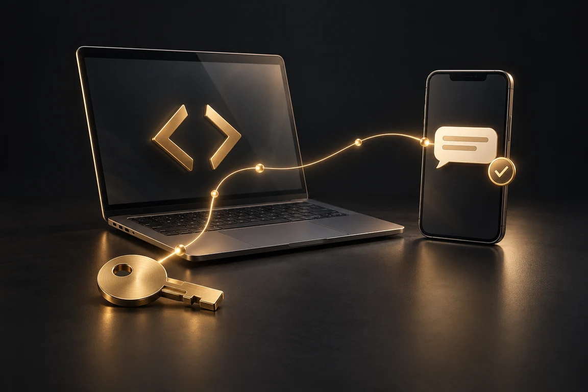 A laptop and gold API key connected to a smartphone receiving a message.