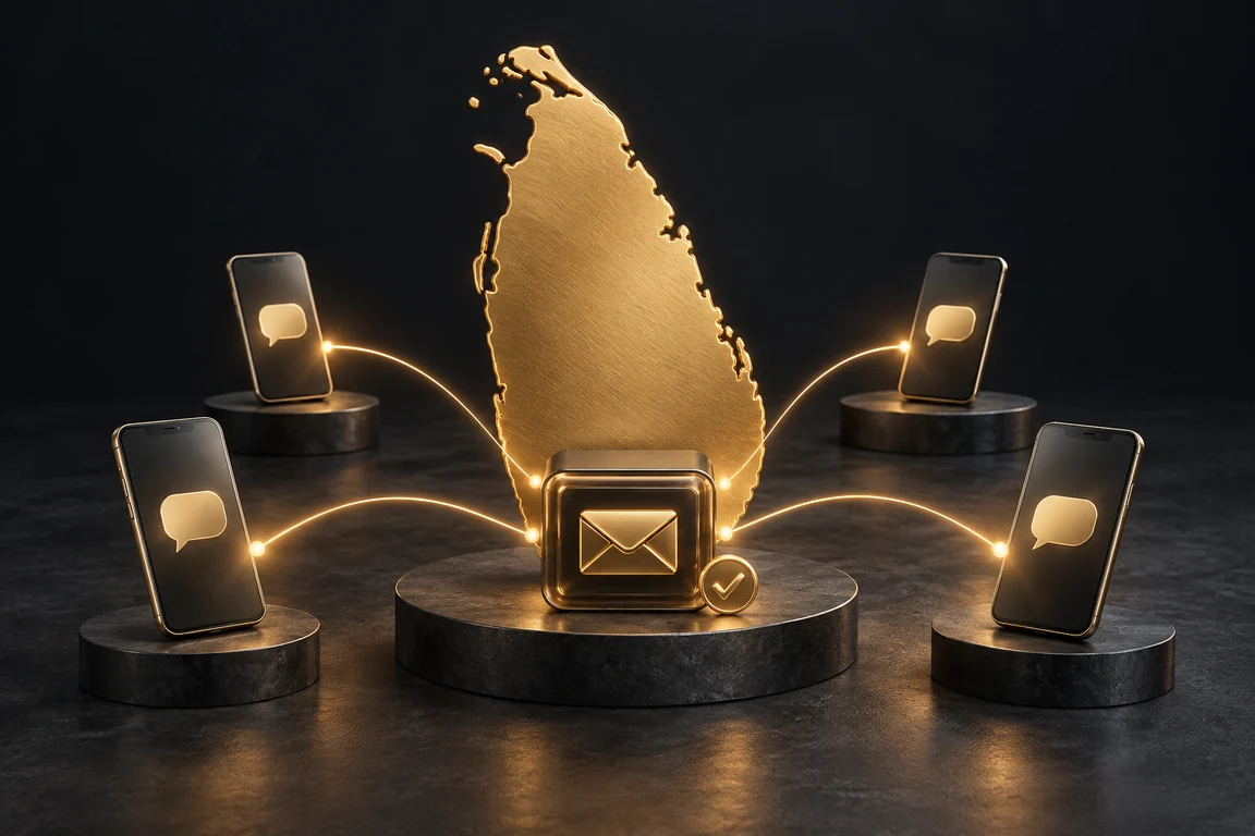 SMS gateway in Sri Lanka: a gold map of Sri Lanka connecting a messaging gateway to mobile phones.