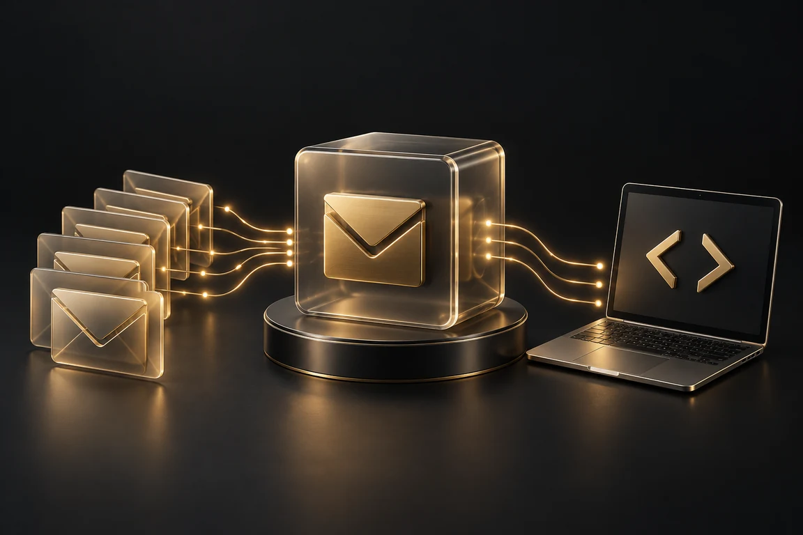 SMS gateway, bulk SMS and SMS API: a messaging hub connecting a group of envelopes and a developer terminal.