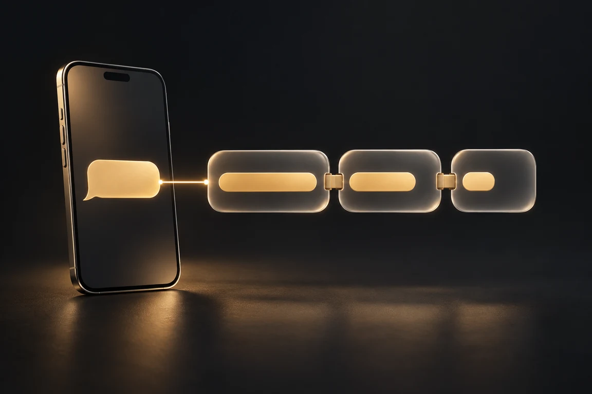 A smartphone beside three joined message tiles illustrating how a long bulk SMS splits into segments.