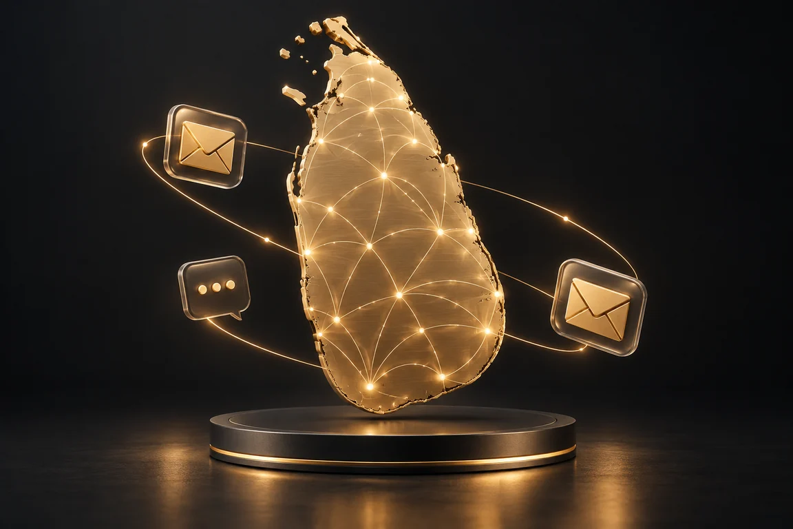 An illustrated map of Sri Lanka connected by SMS message paths, representing the e-SMS gateway.